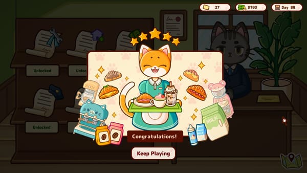 Orange cat holding a tray with a croissant, matcha, and coffee drink. Showing the player they have won the game, Cats & Cups